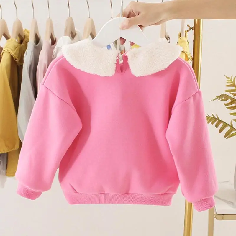 Casual Baby Girl Kids Pullover Cotton Cashmere Thickening Comfortable Fleece Printed Clothes Stitching Doll Collar Sweatershirt