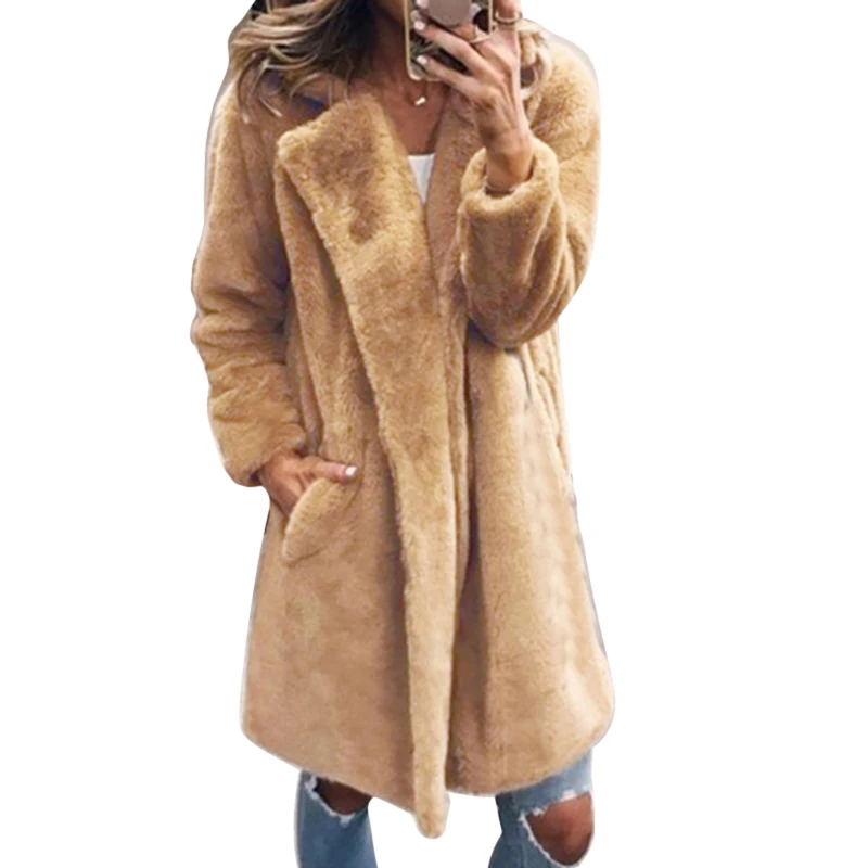 Женское пальто из искусственного меха, новинка, осенне-зимняя теплая куртка, пальто, женские длинные одноцветные куртки, уличная верхняя одежда, Chaqueta Mujer