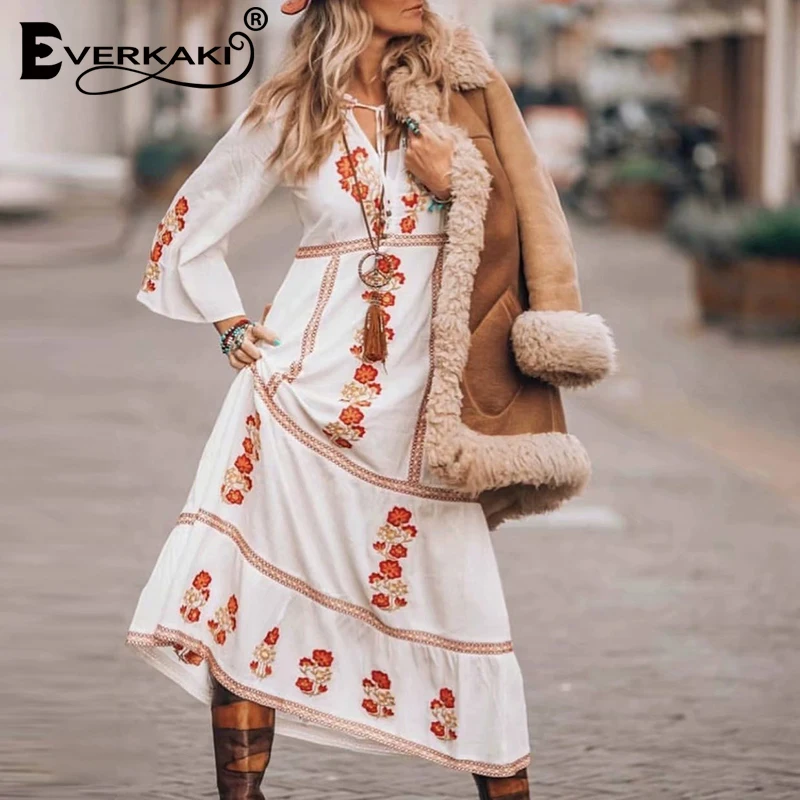 Everkaki длинное женское платье с цветочной вышивкой в стиле бохо летние платья