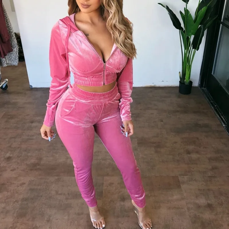 Two Piece Set Women Velvet Hoodied Long Sleeve Crop Top Stacked Pants Leggings 2 Piece Set Outfits Tracksuit Sweatsuit women's sweat suits sets Suits & Blazers