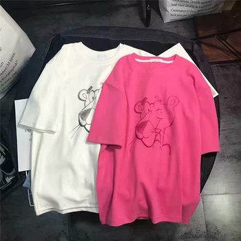 

Summer New Women Short Sleeve T-shirt Cartoon Leopard Print O Neck Tee Large Size Female Long Bottoming Shirt Losse Harajuku Top