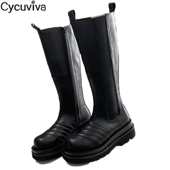 

Luxury Brand Shoes Women Thick Bottom Knee High Boots Platform Flat Knight Boots Black Leather Weave Thigh High Boots Women