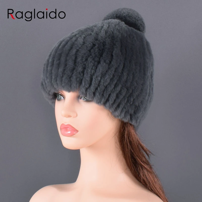 

Russia Winter Rabbit Fur Hat Women Elasitc Warm Handmade Knitted Caps Big Rabbit Fur Ball Beanies Natural Real Fur Hats