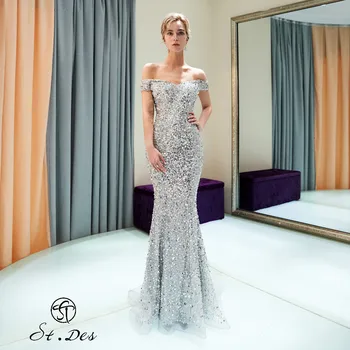 

NEW 2020 St.Des Mermaid Boat Neck Sliver Gray Beading Short Sleeve Russian Floor Length Evening Dress Party Dress