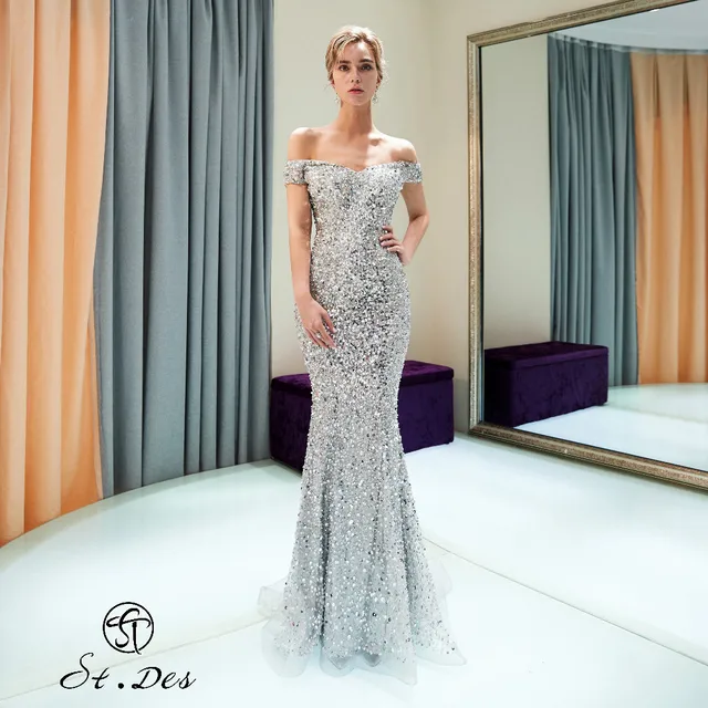 $ NEW 2020 St.Des Mermaid Boat Neck Sliver Gray Beading Short Sleeve Russian Floor Length Evening Dress Party Dress