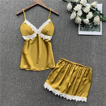 

Lisacmvpnel Sexy Pajamas Woman Camisole Shorts Two Paper Suit Satin Pajama Set