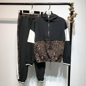 

New Arrival Fall Women Tow Pieces Sets Leopard Spliced Sweatshirt Ankle Length Harm Pants Women Tracksuits Hoodies Outfiits