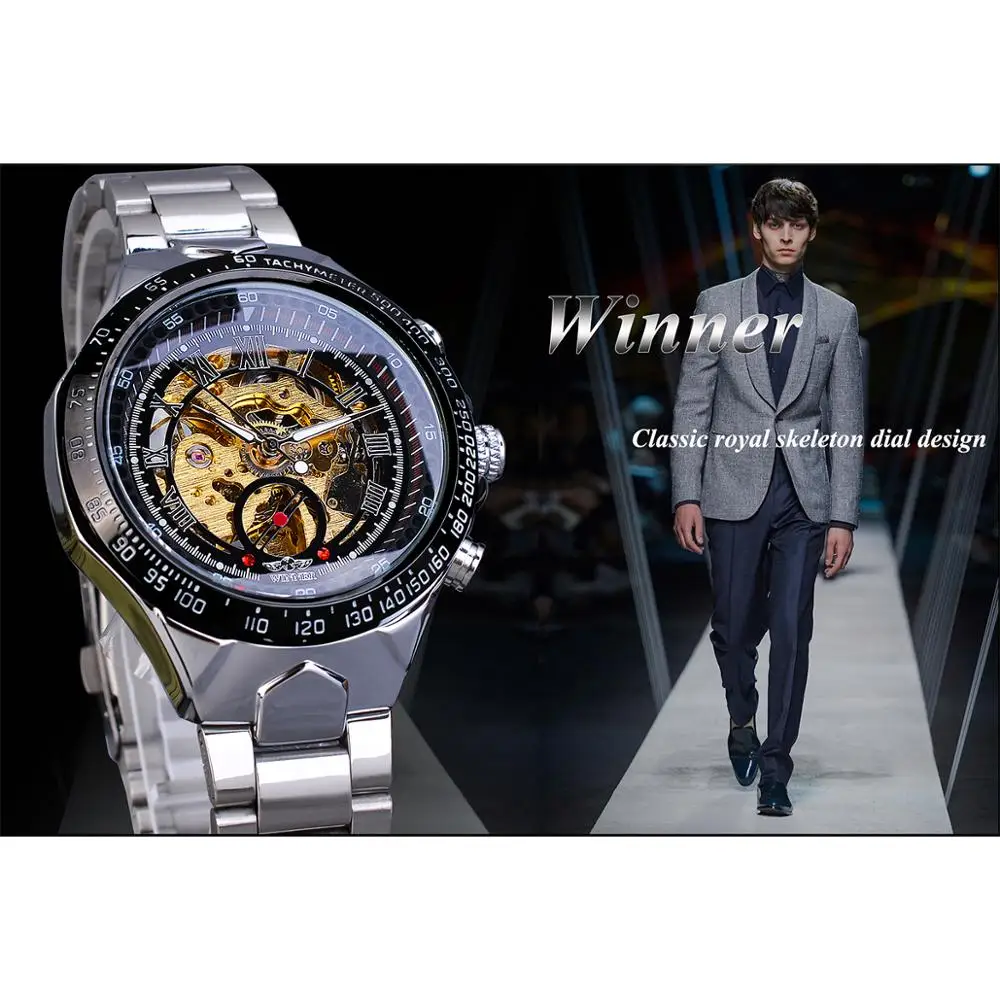 Winner-Reloj de pulsera de acero para hombre, accesorio masculino con movimiento dorado, reloj mecánico de pulsera automático de marca superior de lujo, a la moda - Imagen 3
