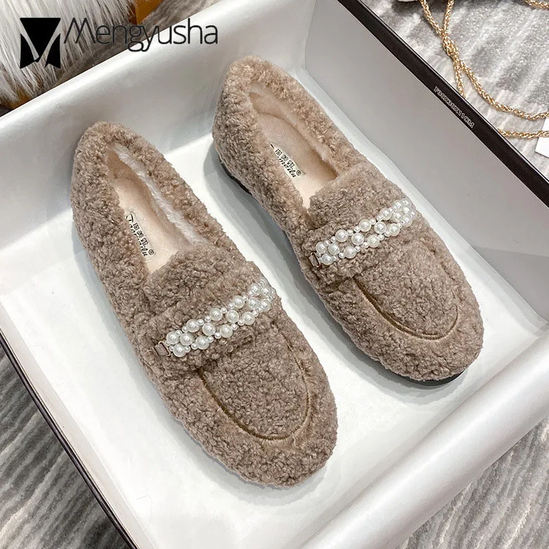 Alpargatas punta redonda para mujer, zapatos planos de piel de perlas, de goma, con cordón, con cuentas de talla grande, para invierno - AliExpress Calzado