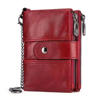 

Men Women RFID Blocking Genuine Leather Bifold Double Zipper Coin Pocket Purse Wallet with Anti-Theft Chain L9BE