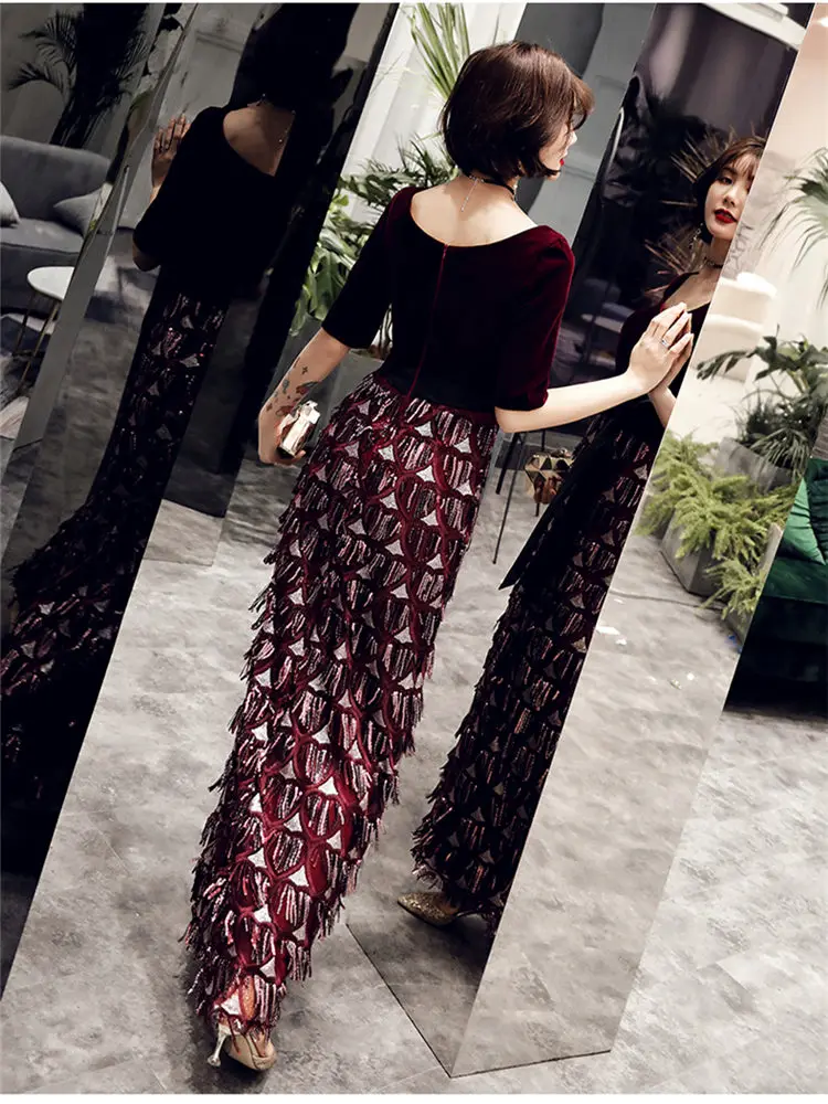 Это Yiya вечернее платье, с вырезом лодочкой полномерная прямая Robe De Soiree кисточки короткий рукав длиной до щиколотки женские вечерние платья E894