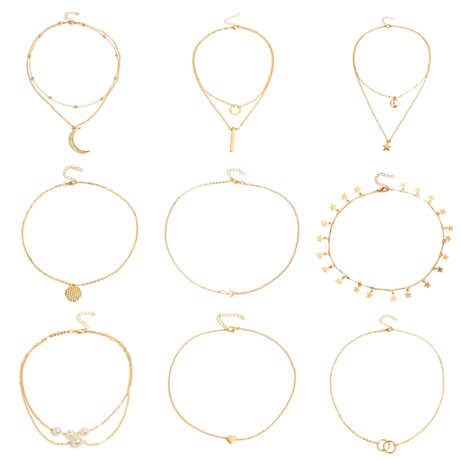 9 Pcs/ Set Simple Classic Alloy Pendant Chain Necklace Women Fashion Gold Moon Star Heart Statement Necklace