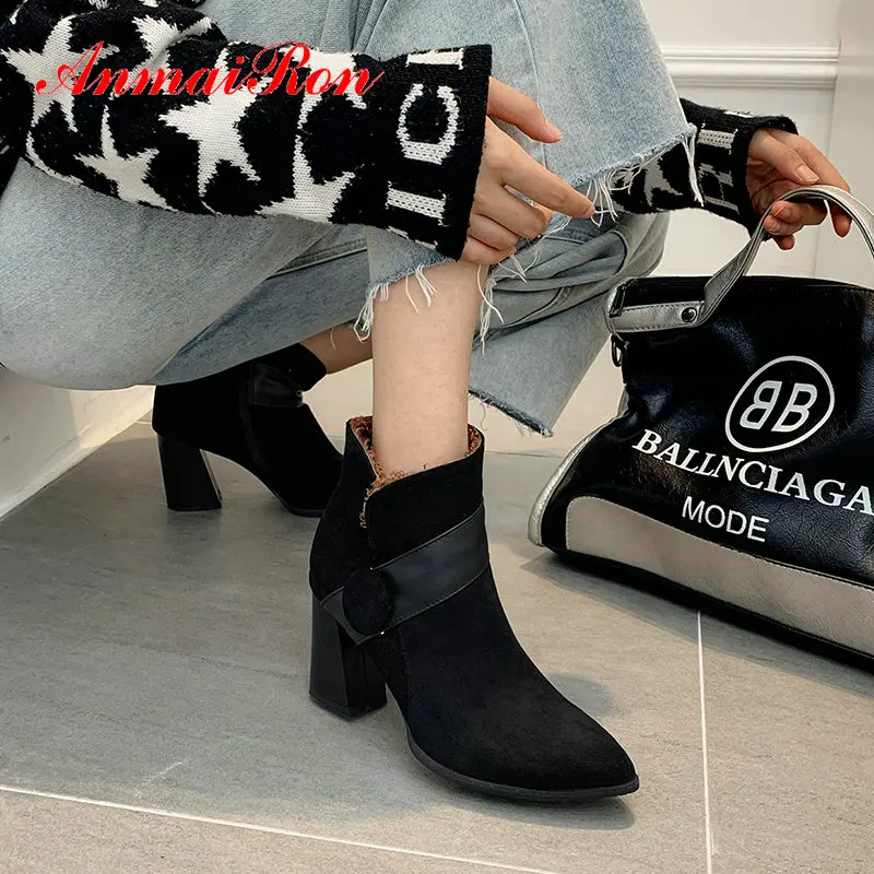 

ANMAIRON Women Boots Faux Suede Slip-On Ankle Women Winter Boots Hoof Heels Pointed Toe Winter Short Plush Black Boots 34-43
