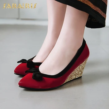 

Sarairis 2020 New Arrivals Large Size 43 Pointed Toe Sweet Bowtie Shoes Woman Pumps Slip On Wedge High Heels Party Pumps Lady