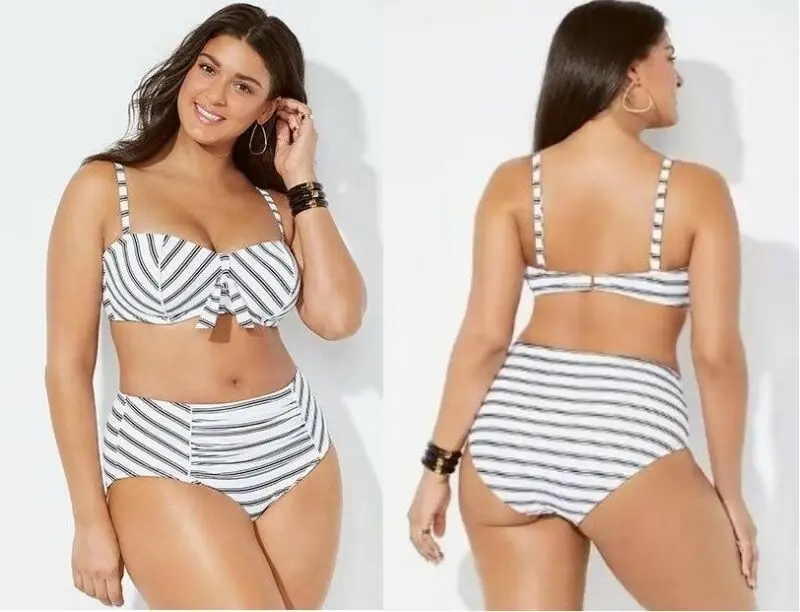 

Women Plus Size Bandage Bikini Set Striped Printing Padded Bra Bikini Split Large Size Body Swimsuit Summer Beachwear Bikinis