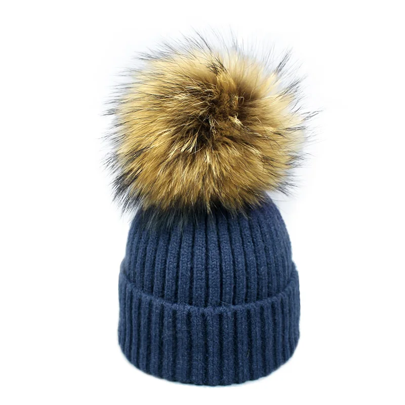 

Winter Children Women Beanies Hats Real Fur Pompom Nature Raccoon Pom Pom Hat Cap Soft Warm Lady Crochet Knitted Skullies Caps