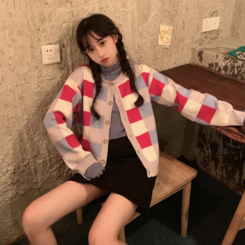 Harajuku Kawaii кардиган женский Универсальный хит цвет плед Женский вязаный кардиган пуговицы сладкий шик корейский свитер осень зима