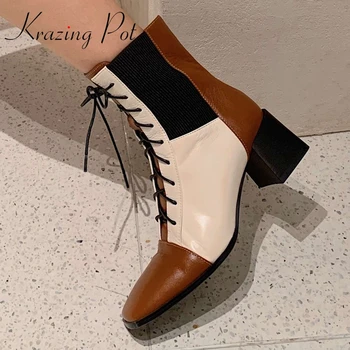 

Krazing Pot 2020 new genuine leather square toe high heel mixed colors winter shoes gladiator cross-tied modern ankle boots L63