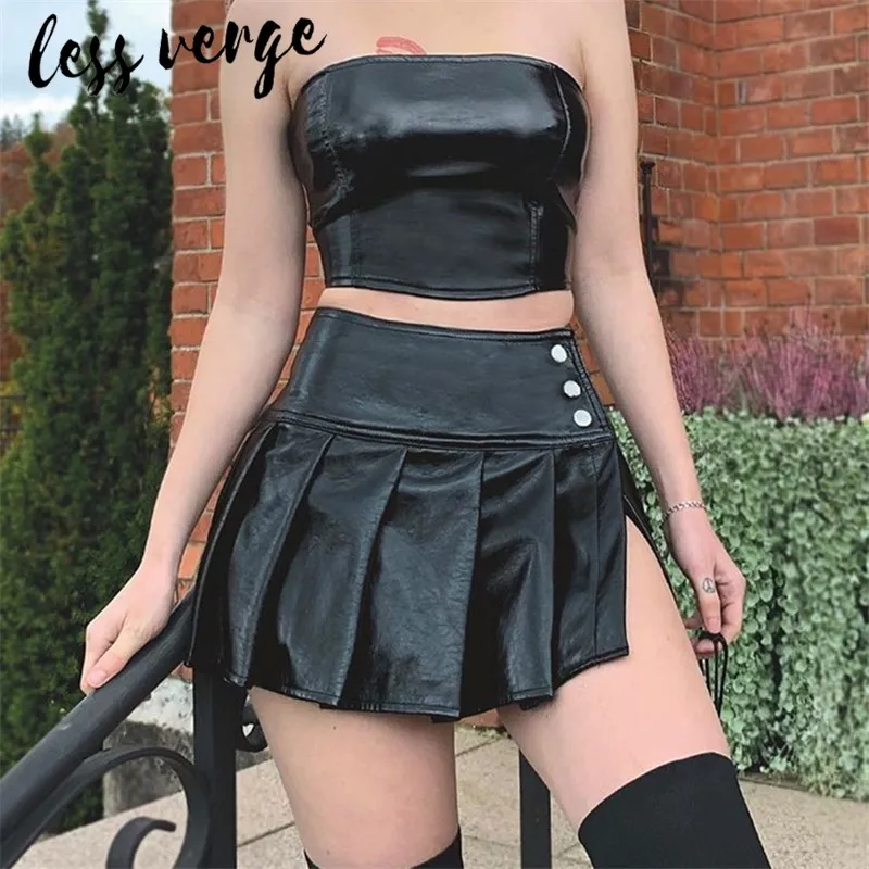 Lessverge, искусственная кожа, на пуговицах, плиссированная черная юбка, Женская мини-юбка с высокой талией, Осень-зима, трапециевидная Байкерская короткая юбка