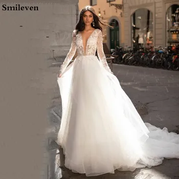 

Smileven Lace Train Wedding Dress Long Sleeve Sexy V Neck A Line Bridal gowns With Flowers Robe De Mariee
