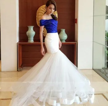 

New Design Royal Blue Mermaid Evening Prom Dress Off The Shoulder Satin Long Sleeve Bride Dresses Custom Made robe de soriee