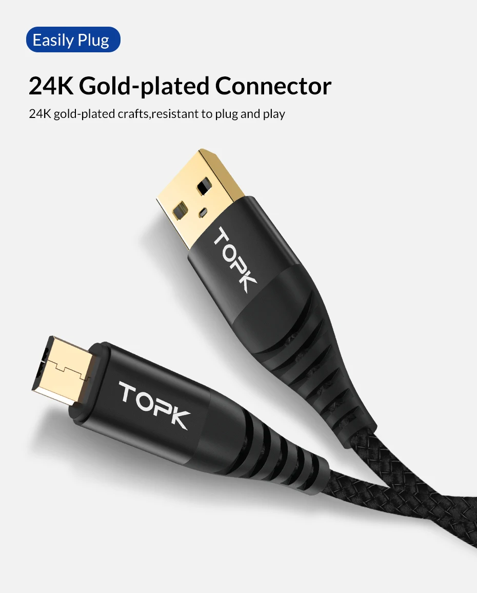 TOPK 1 м 2 м C142 Micro USB кабель с нейлоновой оплеткой кабель для передачи данных для samsung Galaxy S7 edge S6 Xiaomi Redmi Note 5 кабели для мобильных телефонов