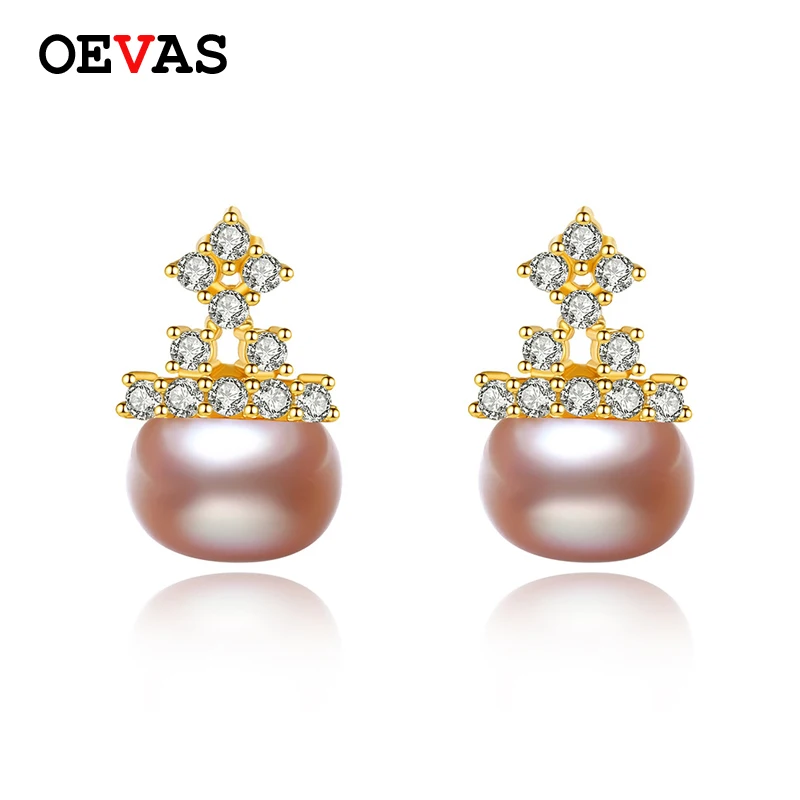 

OEVAS 100% 925 Sterling Silver Freshwater Pearl Crown Stud Earrings Top Quality Gold Color Sparkling Zircon Party Fine Jewelry