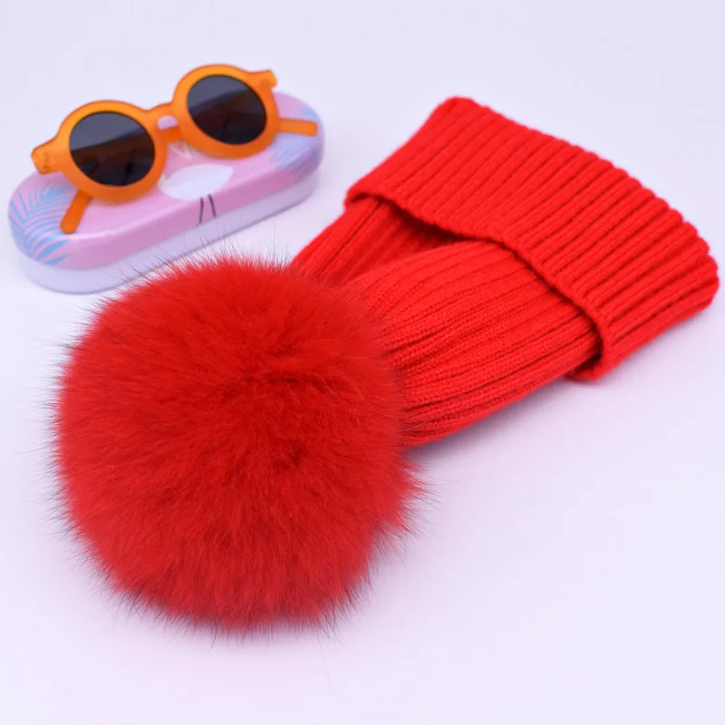 wool red fox fur Новинка, зимняя шапка, роскошные качественные шапки с меховым помпоном, шапка высокого качества для девочек, женские зимние шапки - Цвет: wool red fox fur
