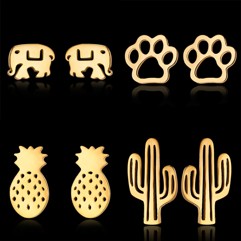 

Cute Kitten Paw Guitar Cactus Pineapple Stud Earrings Mini Gold Color Stainless Steel Earring Women Girl Minimalist Jewelry Gift