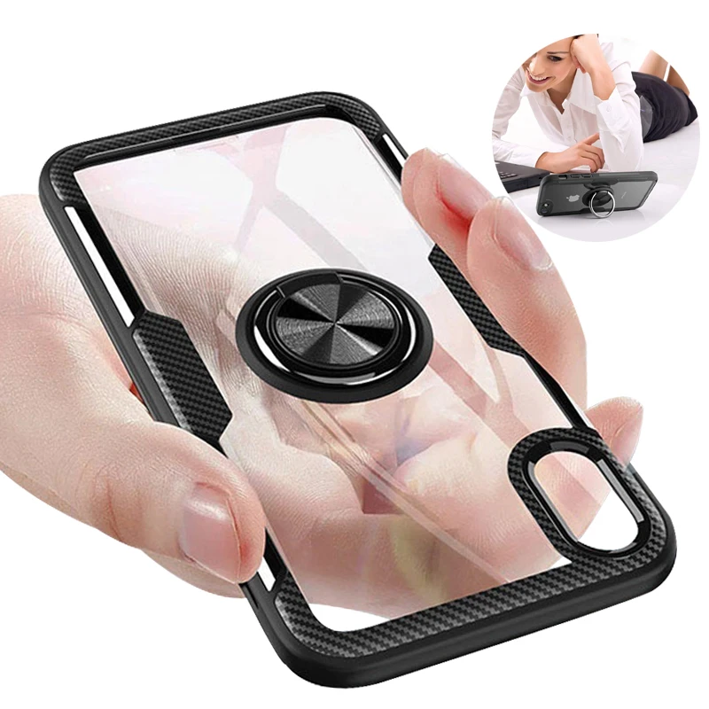 

Tempered Glass Back Cover Case with Swivel Ring Kickstand Shock Absorption Anti-Scratch Support Wireless Charging For Samsung