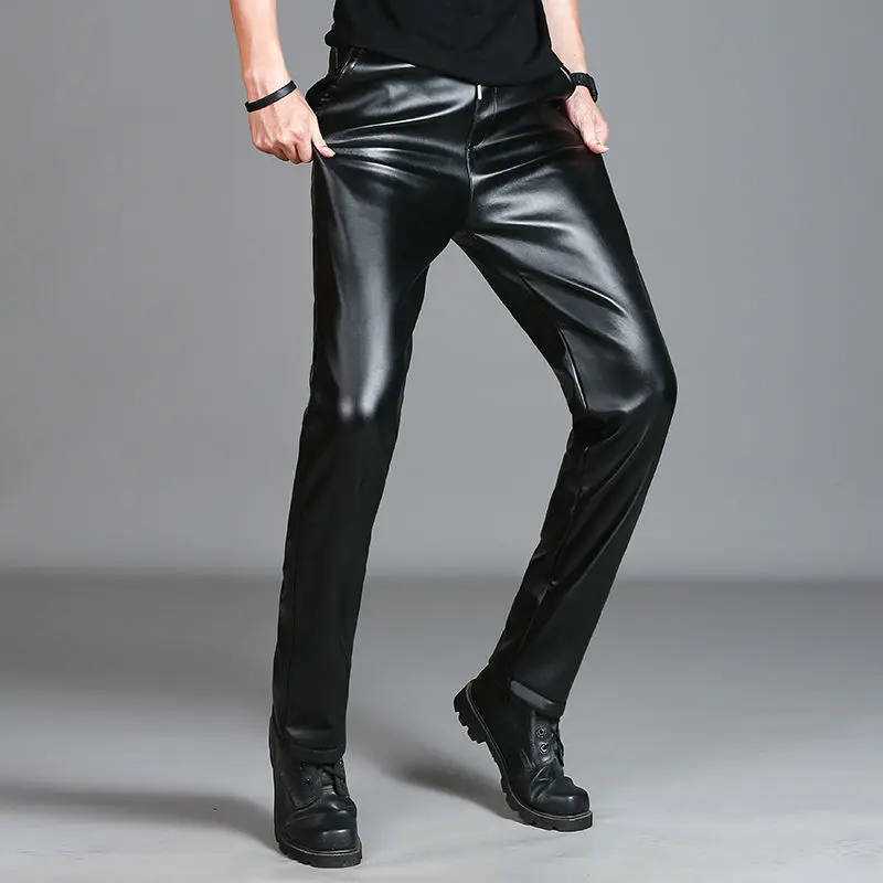 

Men's Leather Pants Slim Fit PU Leather Pants Elastic Single Layer Motorcycle Leather Pants Man Waterproof Oil-Proof Young