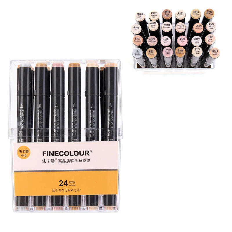 24colors-skin-set Finecolour EF103 алкогольных жирной основе художественный маркер для белой доски с коробкой 12/24/36/48/60/72/240 Цвета зубная щетка с двумя головками и мягкой щеткой профессиональный - Цвет: 24colors-skin-set