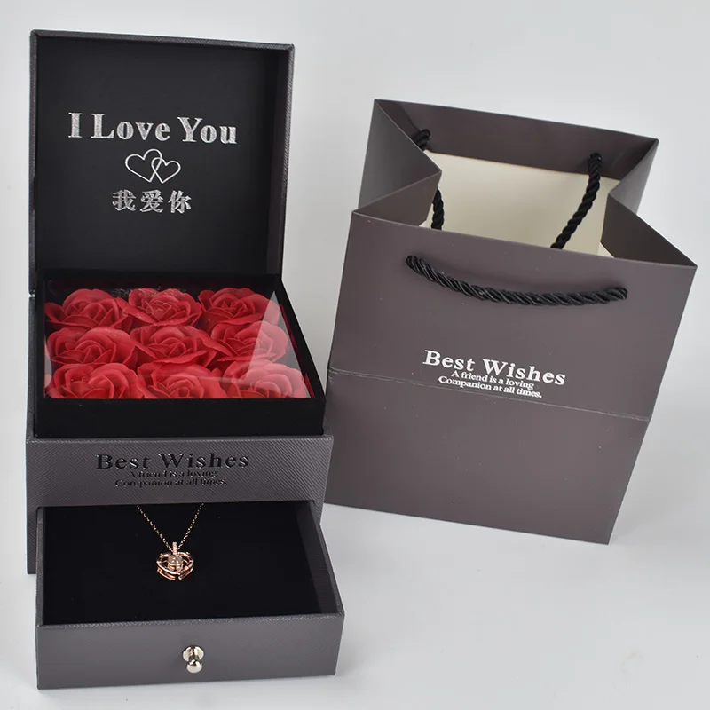 Beautiful nine high gift box soap bubble roses with 100 languages I love you Necklace For Girlfriend Romantic Love Gift