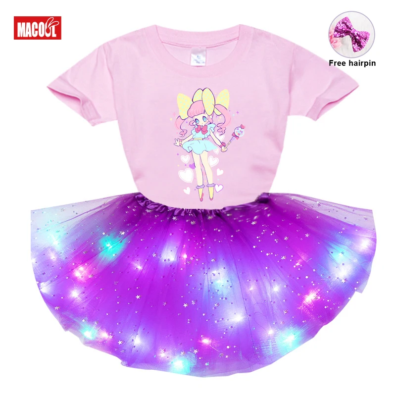 

Girls Dress Sets 2021 Fashion DIY Girl Dress Girls Short Sleeve T-shirt+Luminous Skirt+hairpin 3pc Set Girls Dress Kids Dresses