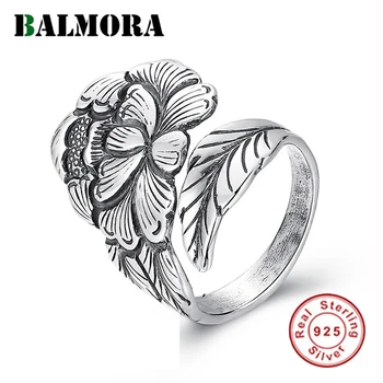 

BALMORA 925 Sterling Silver Peony Flower Vintage Open Stacking Finger Ring for Women Lady Lover Elegant Fashion Jewelry Anillos