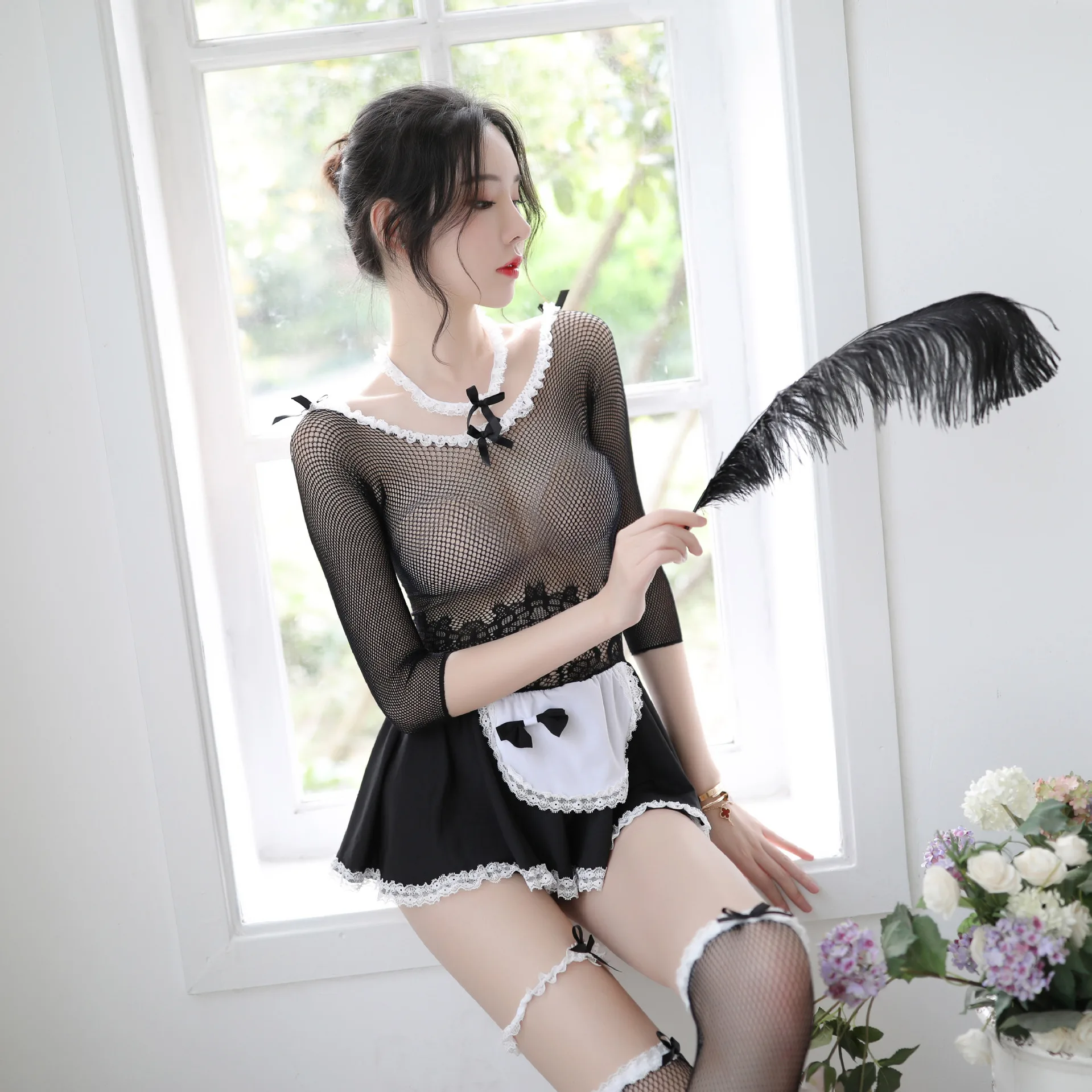 Women's sexy lingerie sexy costumes hot sex underwear intimates long-sleeved maid uniform temptation stockings pajamas set