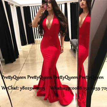 

Sexy Plunging Neck Mermaid Prom Dresses 2020 Red Long Sweep Train Formal Evening Dress Party For Women Vestido De Festa
