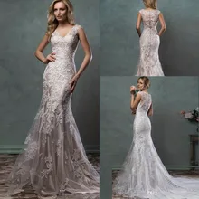 

Lace appliques 2018 Trumpet Amelia Bridal Gown With Mermaid Sheer Scoop Back Covered Button mother of the bride dresses