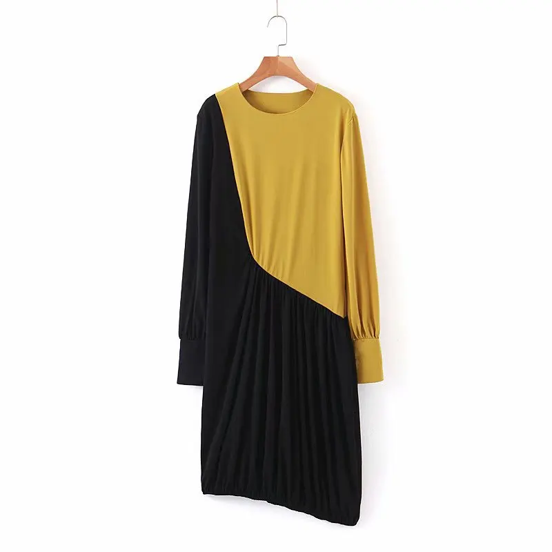 

QZ231 European Design O Neck Yellow Black Color Block Long Sleeve Irregular Length Dress