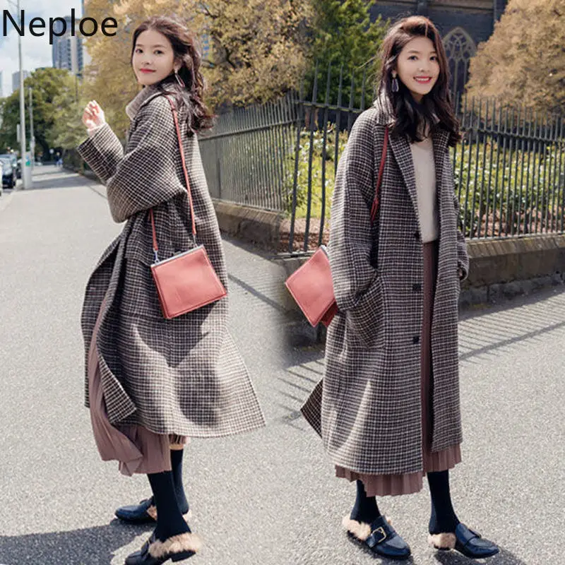 Neploe/зимнее пальто; Новинка; осеннее однобортное шерстяное пальто с отложным воротником и рисунком гусиных лапок; приталенная одежда; Casaco 46772
