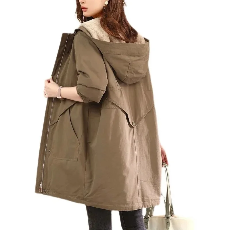 

Women's Trench Coat 2022 Autumn Winter Female Add Velvet Thickening Hooded Windbreaker Loose Overcoat women Parkas C