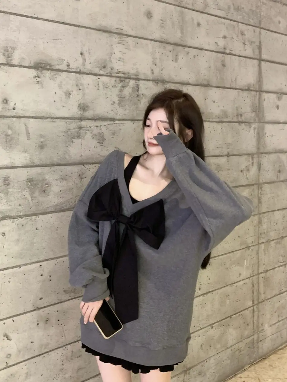 2022 Fashion Autumn Winter Sweet Style Bowknot V-neck Korean Hoodie Long Sleeve Solid Color Loose Preppy Style Hoodie For Girl