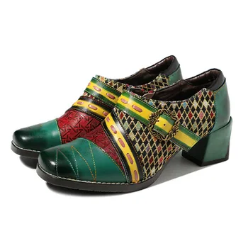 

YourSeason Ladies Retro Zip Pumps High Heels Genuine Leather 2020 New Spring Autumn Sewing Ladies Shoes Hand Painted Square Toe