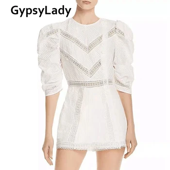 

GypsyLady White Lace Jumpsuits Playsuits Hollow Out Puff Sleeve High Street Jumpsuit Fashion Patchwork Button Playsuits Rompers