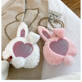 

2019 Lovely Pink Plush Rabbit Handbags Cute Fake Fur Crossbody Bags For Girls Bunny Shaped Kuwaii Casual Purse Chain Bag