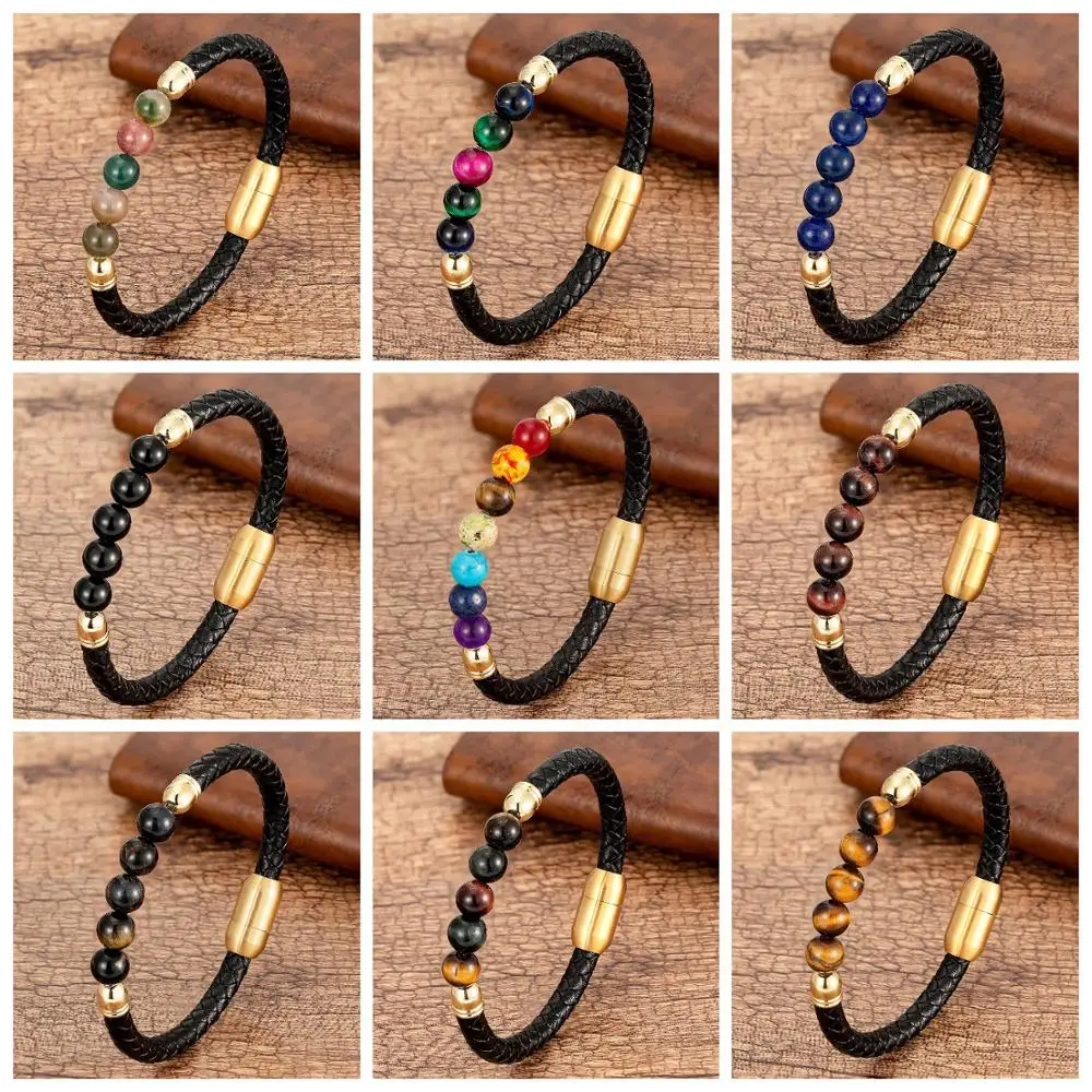 18 Style Stainless Steel Bracelet For Men Round Lava Stone 7 Chakra Beads Genuine Leather Women Bangles Couple Bracelets Jewelry
