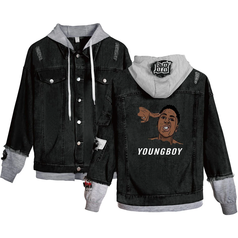 Хип-хоп куртки YoungBoy Never Broke снова 38 джинсовая куртка с принтом для мужчин и женщин осень/зима теплая куртка имитация двух частей дизайн куртка - Цвет: Black denim grey
