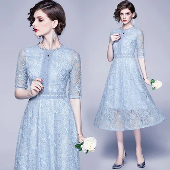 

Simgent 2020 Women Summer Lace Dress Half Sleeve Hollow Out Elegant Light Blue Midi Dress Vestidos Robe Dentelle SG003253