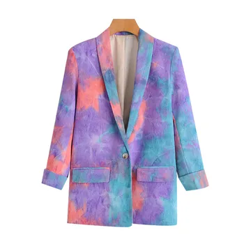 

Women Fashion Single Button Tie-dye Blazer Coat Vintage Long Sleeve Pockets Female Outerwear Leisure Time Chic Tops