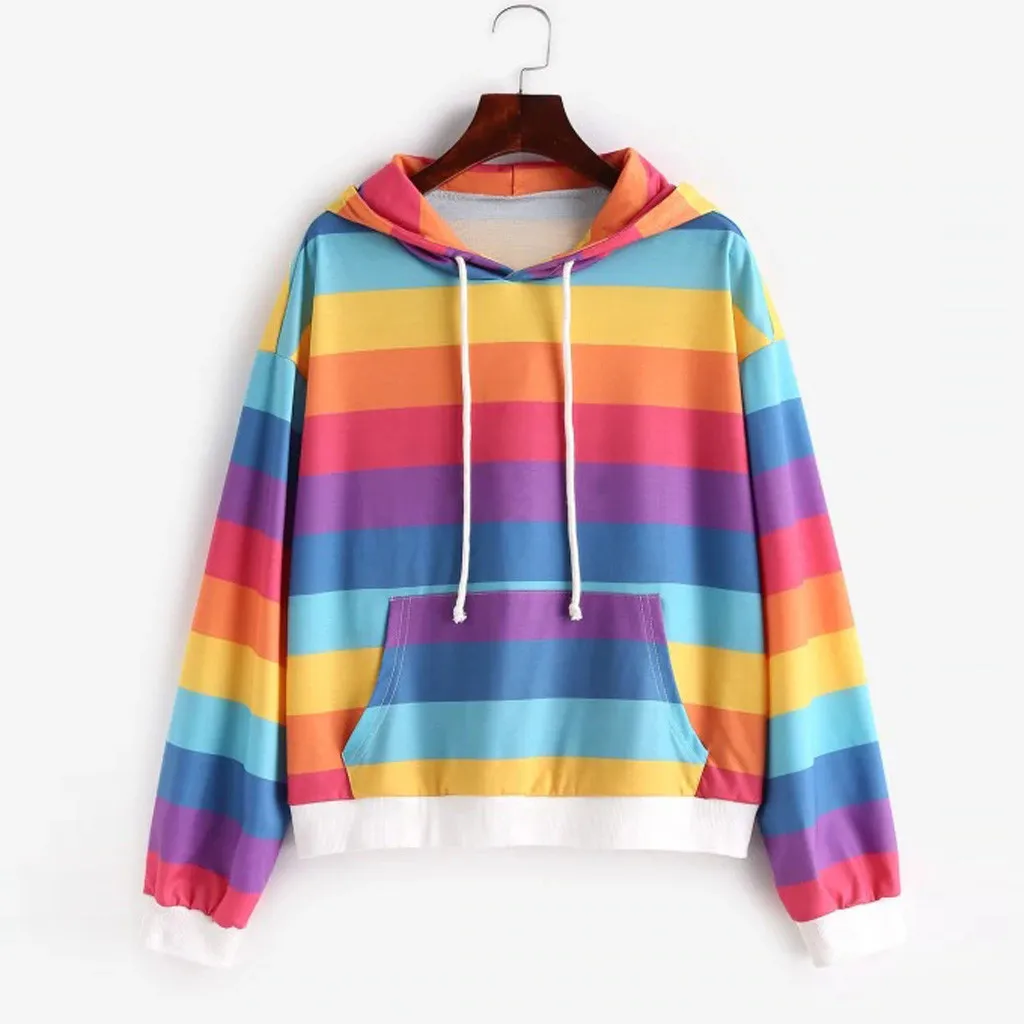 

Casual Pullover Women Autumn Winter Sweatsuit Long Sleeve Rainbow Stripes Hoodies Drawstring Women Tops Blouse bluzy damskie